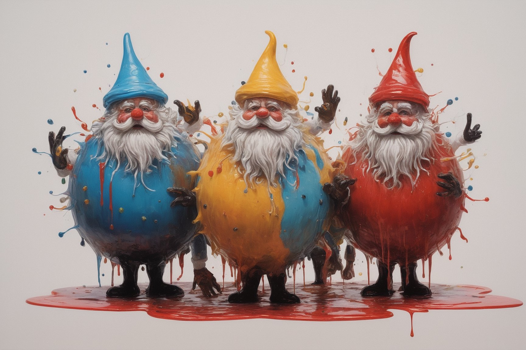 in a colorful surreal world a ferrofluid Santa Claus with his 3 multiple personalities morphing into each other, all scared at the sight of a single cookie knowing they'll have to fight which personality gets it, abstract minimalism, leading lines, artistic composition, masterpiece, 8k uhd, in the style of esao andrews, James Gilleard, dripping paint