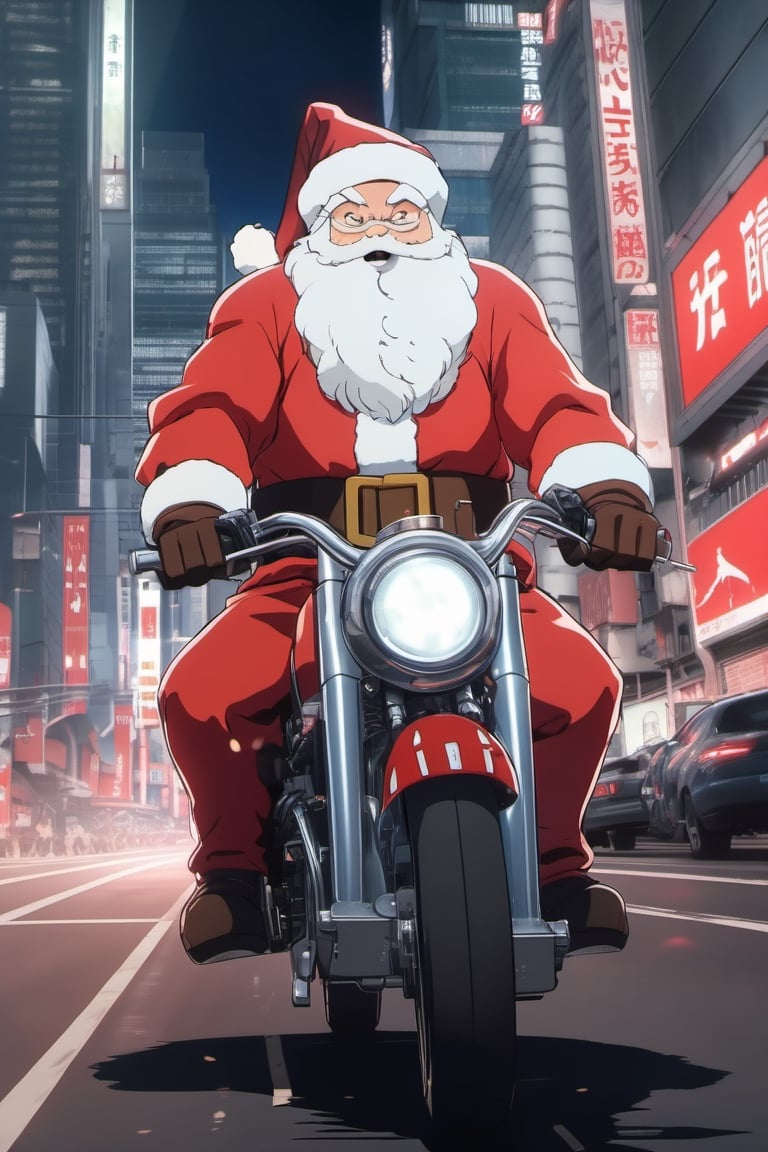 in the anime style of Akira, Santa Claus as a character in the anime Akira, riding the iconic motorcycle from this anime, chasing a group of masked gift thieves, epic scene, anime style, movie scene, 4k