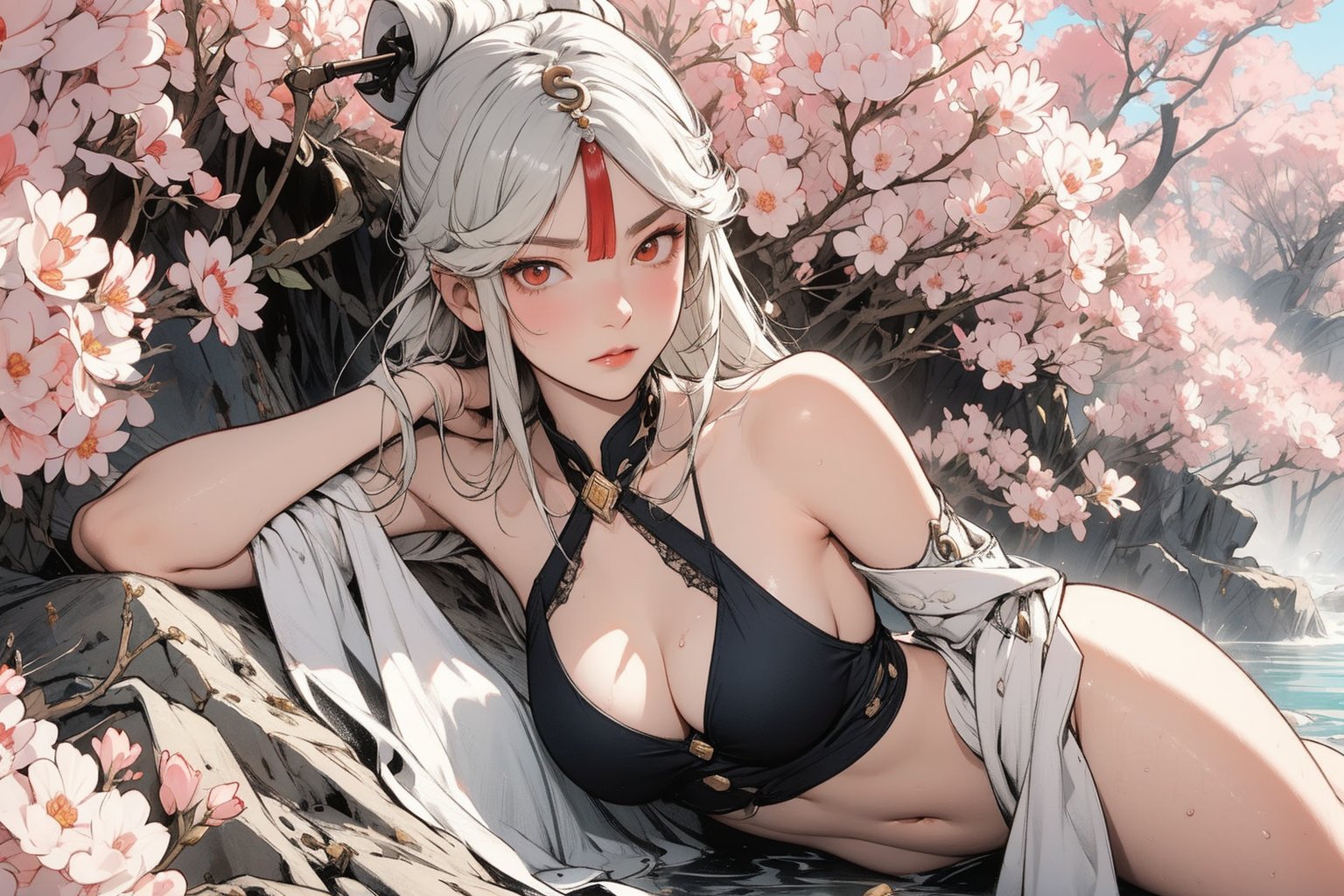 Ningguang, a regal mage, in a serene hot spring surrounded by cherry blossoms. She sits elegantly, her minimalistic armor slightly visible beneath the steam. She summons a small but intense electric storm, her expression relaxed yet confident.

ultra detailed, detailed face, detailed eyes, 
((cleavage)), big breasts, ((ningguang)), 
full body photo, bare shoulders, belly button, curvy hips,