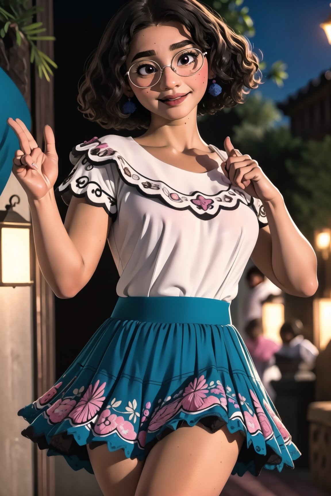 (masterpiece,  best quality:1.2),  (depth of field:1.1),  MirabelST,  1girl,  dancing,  smirk,  seducing,  (white blouse:1.2),  (short teal skirt:1.2),  pink shoes,  curly hair,  glasses brown eyes,  city at night,  masterpiece,  highness,  perfect face,  perfect picture,  detailed eyes , sharp focus, naked, nude, cleavage, NSFW