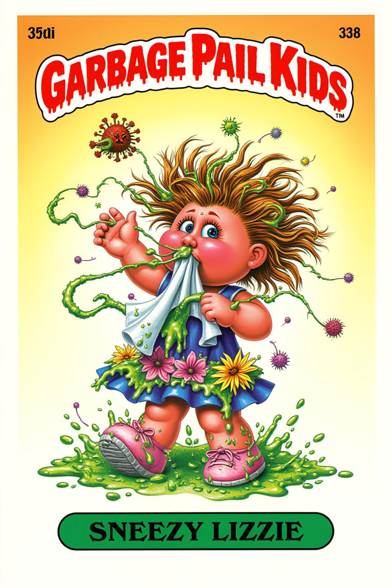 A cartoon picture of Garbage Pail Kids named "SNEEZY LIZZIE." The words "GARBAGE PAIL KIDS" are written in bold, red at the top. The words "SNEEZY LIZZIE" are written in bold, green at the bottom. The character is a girl with exaggerated puffy cheeks, holding a tissue to her face as she sneezes explosively. Her hair is blown back, and a trail of snot shoots out of her nose in long, cartoonish streams. she's covered in green slimy snot. Tiny germs and dust particles fly around her in the air. She’s wearing a floral dress that’s partially soaked from the sneeze. The background is a gradient from pale yellow to orange.