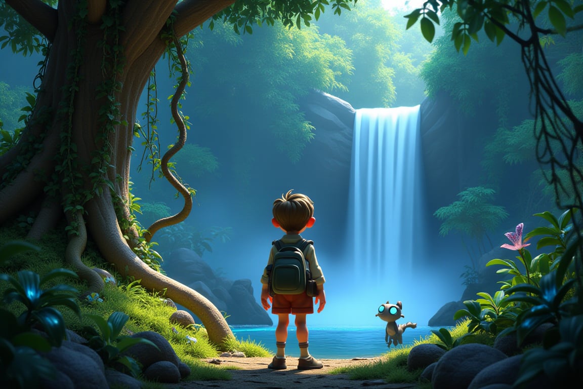 A young explorer stands at the edge of an otherworldly forest, surrounded by towering trees with iridescent bark and leaves that shimmer like jewels. The air is thick with the sweet scent of exotic flowers as a gentle mist rises from the base of a crystal-clear waterfall. In the distance, a peculiar beast with glowing blue eyes watches the adventurer's every move. To their left, a massive vine drapes down the trunk of a tree, its tendrils curled around strange, bioluminescent pods.