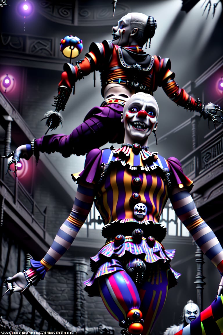 realistic natural light, hyper realistic, cinematic, cinematic light, best quality, high resolution, award winning photo 8k, 3d. 2 scary clowns with mechanical prosthetics in a freaky world circus of freaky monsters bloody knife,Game of Thrones,perfecteyes