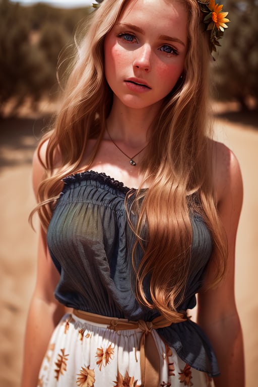 a european girl outdoors, california dessert, summer dress, ginger, by lee jeffries nikon d850 film stock photograph 4 kodak portra 400 camera f1.6 lens rich colors hyper realistic lifelike texture dramatic lighting unrealengine trending on artstation cinestill 800,realism,realistic,raw,analog,woman,portrait,