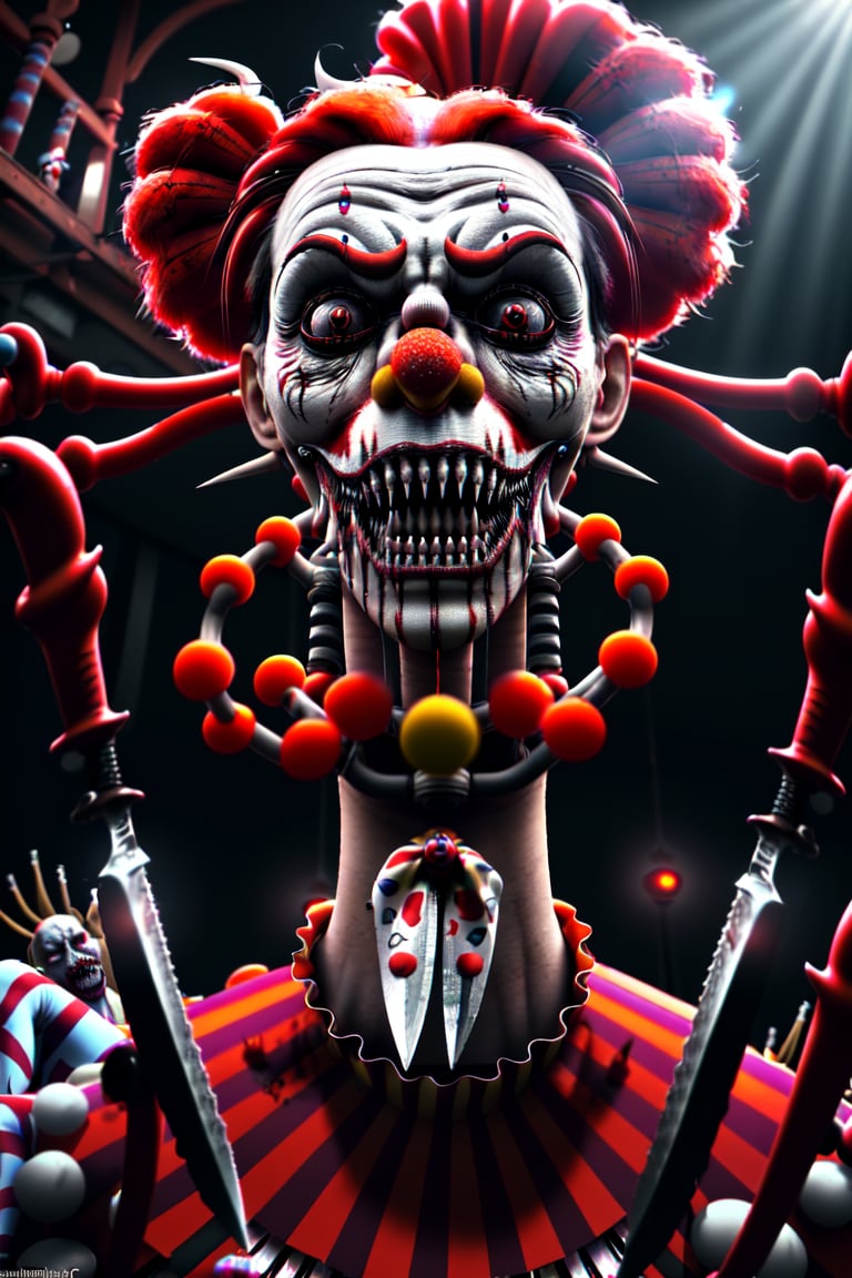 realistic natural light, hyper realistic, cinematic, cinematic light, best quality, high resolution, award winning photo 8k, 3d scary clowns with mechanical prosthetics in a freaky world circus of freaky monsters bloody knife