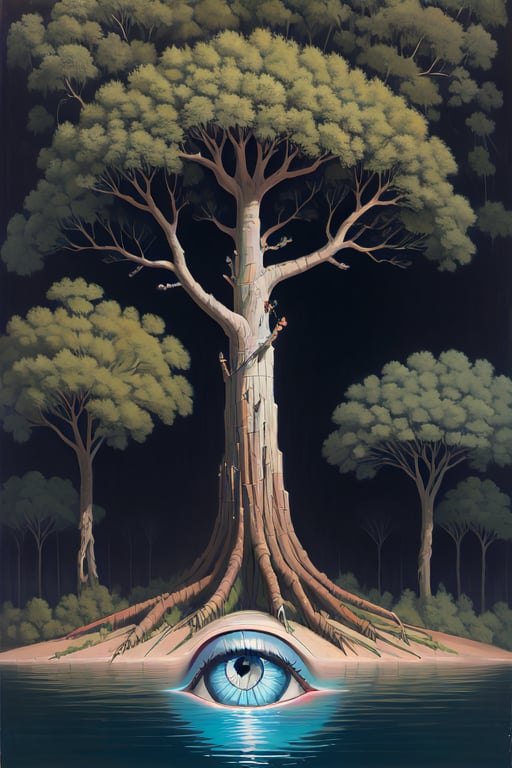 an eye in a tree near water, in the style of brian despain, dripping paint, expansive landscapes, highly detailed, surrealistic urban scenes, mars ravelo, mati klarwein 