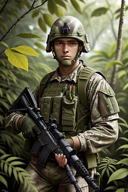 Perfect photo in daylight, ultra 8k quality, realistic colors, a camouflaged soldier in the jungle ready to shoot with a rifle, camouflage painted helmet with leaves, machine gun.hidden among the leaves