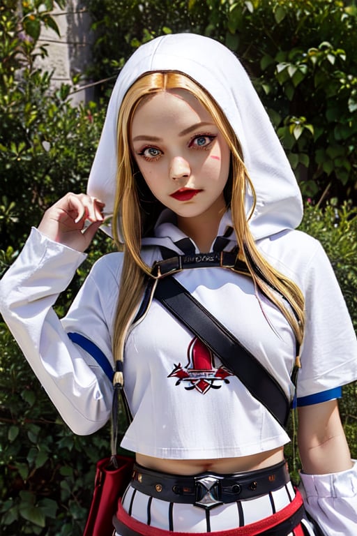 close up,  Cosplay of a blonde girl for the main character of the game Assassins Creed in hood ,  Nikon D750 by Arielpelad...