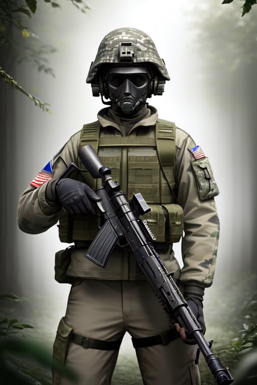 Perfect photo in daylight, ultra 8k quality, realistic colors, a camouflaged soldier in the jungle ready to shoot with a rifle, camouflage painted helmet with leaves, machine gun.hidden among the leaves