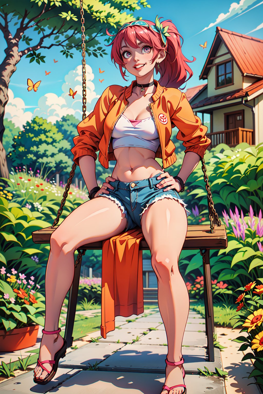 1 girl, 20 yo, thigh white shirt, jeans shorts, shy_smile , wide waist, (thick thighs), deep pink eyes, ponytail, browhair, bright hair, (playing with butterflies), (hose) ,  (garden) , (choker) , (flower headband) , (flip-flops) , (flat_belly-button) , background_house , looking at viewer, , full body ,  (on tree swing) 