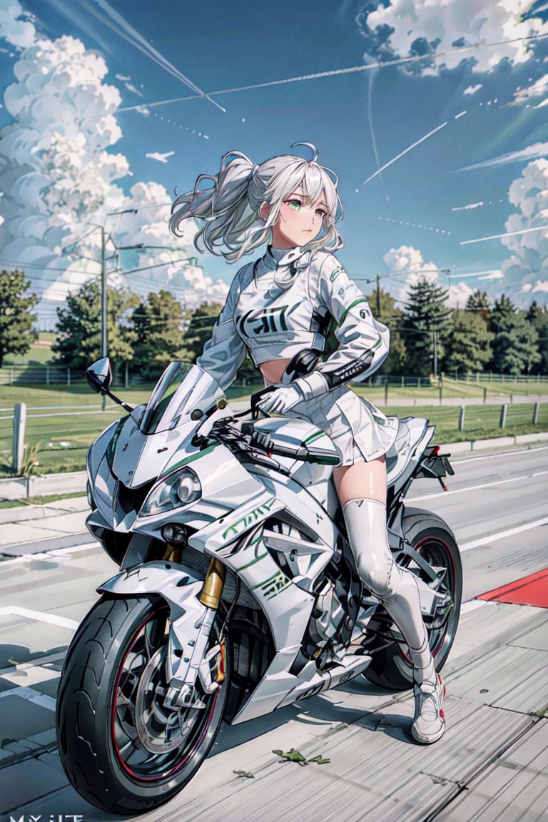 1girl, motion shot, (leaning farwards racing pose), hands on handlebars, (wind blowing back), (hair blowing in wind), (white and green racing sports bra), white skirt, (speed streaks), (riding bike away from camera), nice round butt, racetrack, (white motorbike), (white sport bike), (white hair), cute features, braids on boths sides, flat chested, white_hair, long hair, full body, futiristic, alone, yhmotorbike,yhmotorbike,mecha,latex bikesuit,