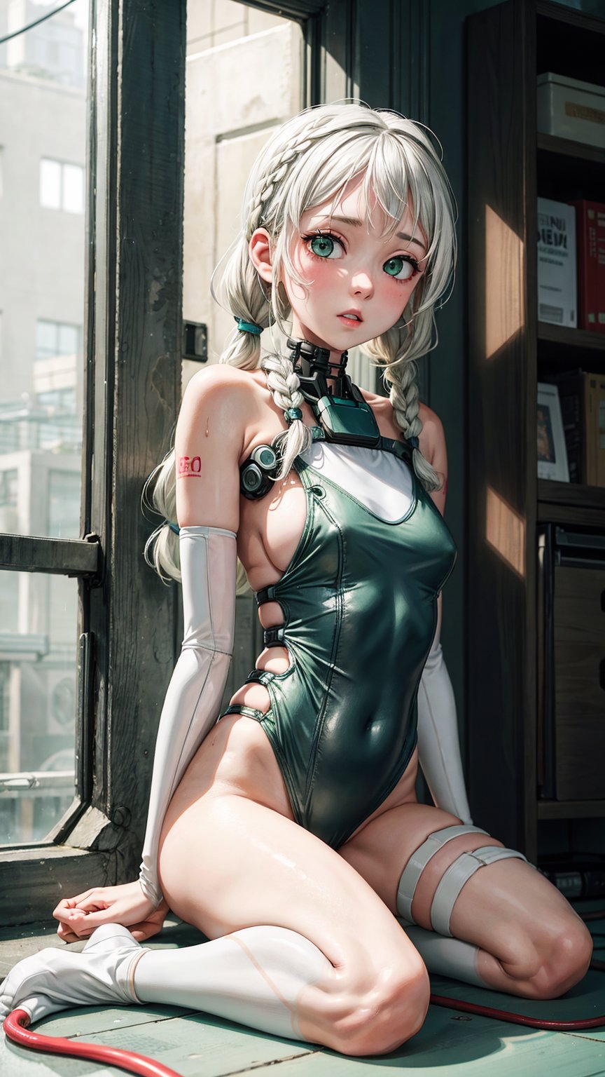 1girl, sideboob, braids on boths sides, green eyes, beautiful face, flat chested, pale skin, white_hair, long hair, one piece bathing suit, full body, sitting, wires, left robotic arm, futiristic, sitting, moaning face,  alone, (wires), straight leg, mecha,Orgasm,mikudef