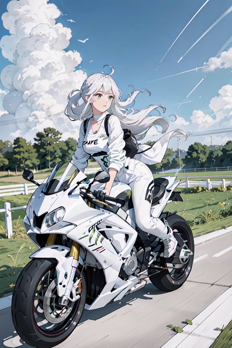 1girl, motion shot, (leaning farwards racing pose), hands on handlebars, (wind blowing back), (hair blowing in wind), (white and green racing one piece outfit), (speed streaks), (riding bike away from camera), looking back, nice round butt, racetrack, (white motorbike), (white sport bike), (white hair), cute features, braids on boths sides, flat chested, white_hair, long hair, full body, futiristic, alone, yhmotorbike,yhmotorbike,mecha