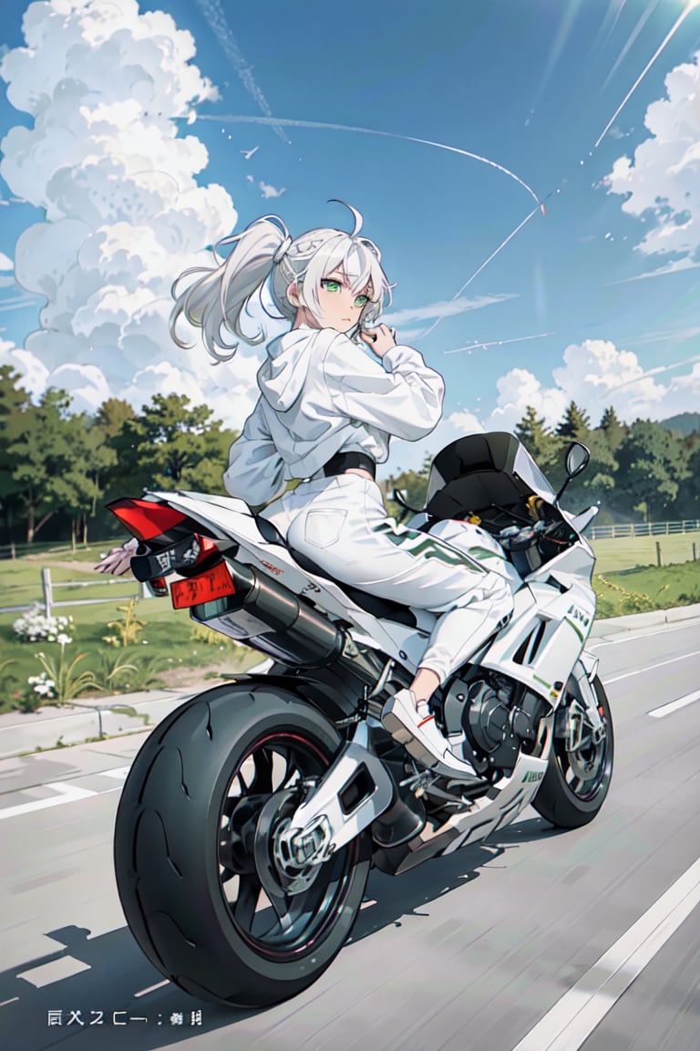 1girl, motion shot, racing pose, (wind blowing back), (hair blowing in wind), (white and green racing one piece outfit), (speed streaks), (riding bike away from camera), looking back, nice round butt, racetrack, (white motorbike), (white sport bike), (white hair), cute features, braids on boths sides, flat chested, white_hair, long hair, full body, futiristic, alone, yhmotorbike,yhmotorbike,mecha