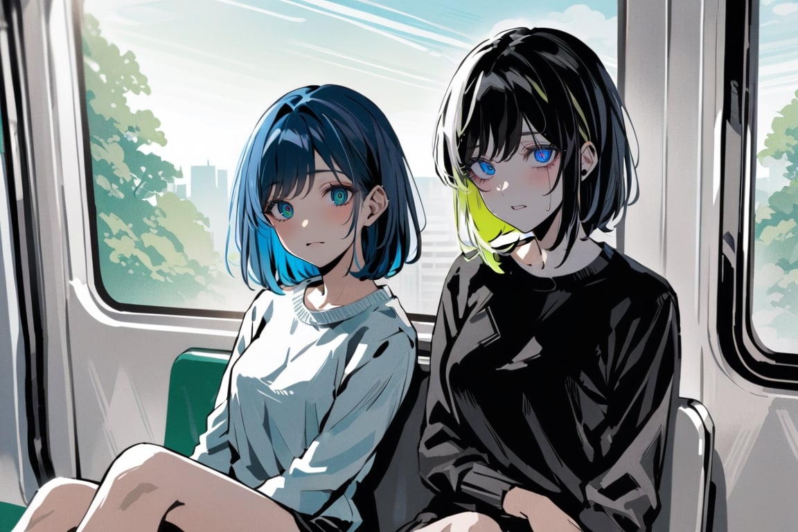 masterpiece, in the style of a digital manga in colour, high contrast, colour, detailed background and two girls,
centered medium shot:0.7, medium shot view of towgirls sitting next to eachother on the train, two girls wearing casual wear, 1girl with long hair, 1girl with short hair, (in colour, colourized)