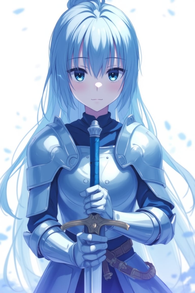 A whimsical, blue-toned anime scene: A girl stands in clad in steel plate armour, cluthcing her sword with both hands, her delicate fingers intertwined around the handle. Her detailed, expressive anime hands grasp the sword handle tighty, as if she will die without it. The medium shot captures her fearfl expression, set against a crisp white background that accentuates the vibrant blue hues. Delicate lines and textures define her features, inviting the viewer to step into this idyllic world.