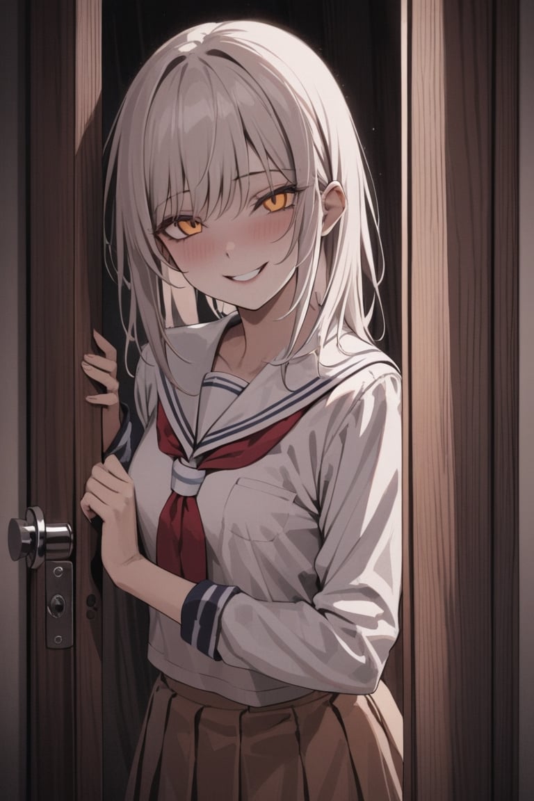 (masterpiece)), best quality, manga stlyle, wooden door frame, white wall, a girl peaks behind a detailed polished wooden one panel door, white wall, creepy smile, school uniform, wooden floor, hold the door slightly open, half body in view:1, darkness behind character