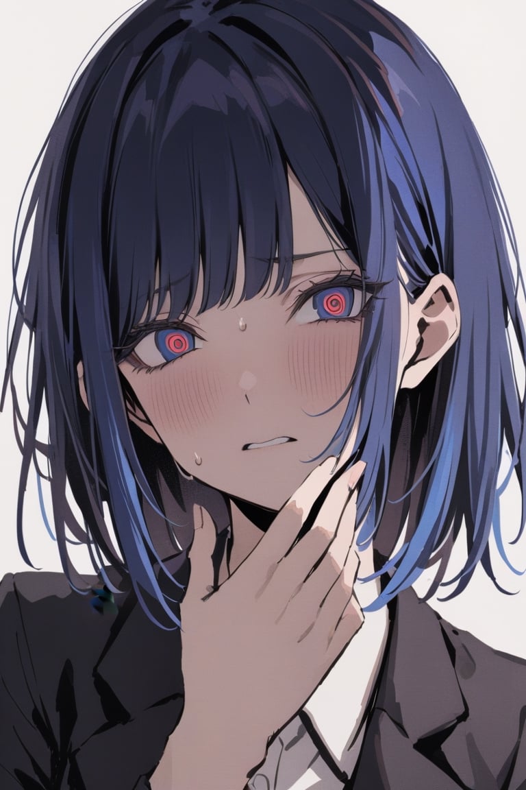 masterpiece, best quality, ((close-up of face, ringed eyes)), (sweating, very nervous expression, making peace sing with hand), medium shot, standing, 1girl, solo, negative space, ((simple white background, white background)), a girl in a school uniform, half-closed eyes, detailed eyelashes, sharp eyes, dark royal blue hair, medium length hair, hair behind ear, side bangs, black blazer, simple, facing viewer, manga illustration style, bangs, 
