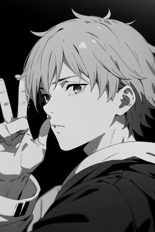 (Denji making peace sign in ASL), ((grayscale)),dja,csm anime style,1boy, black_background, blond_hair, ((Denji)), cinematic angle, blurry_background, {{attractive male hands}},