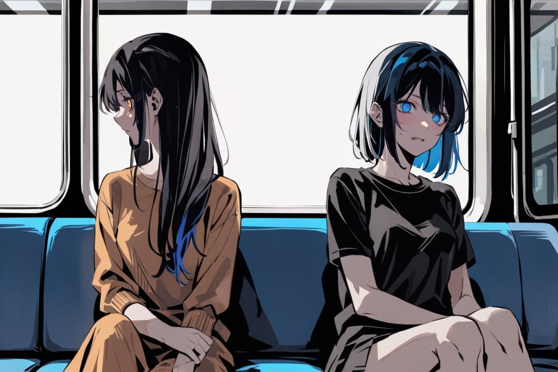 masterpiece, in the style of a digital manga in colour, high contrast, colour, detailed background and two girls,
centered medium shot:0.7, medium shot view of towgirls sitting next to eachother on the train, two girls wearing casual wear, 1girl with long hair, 1girl with short hair, in colour, colourized, long hair, pich black outside the window