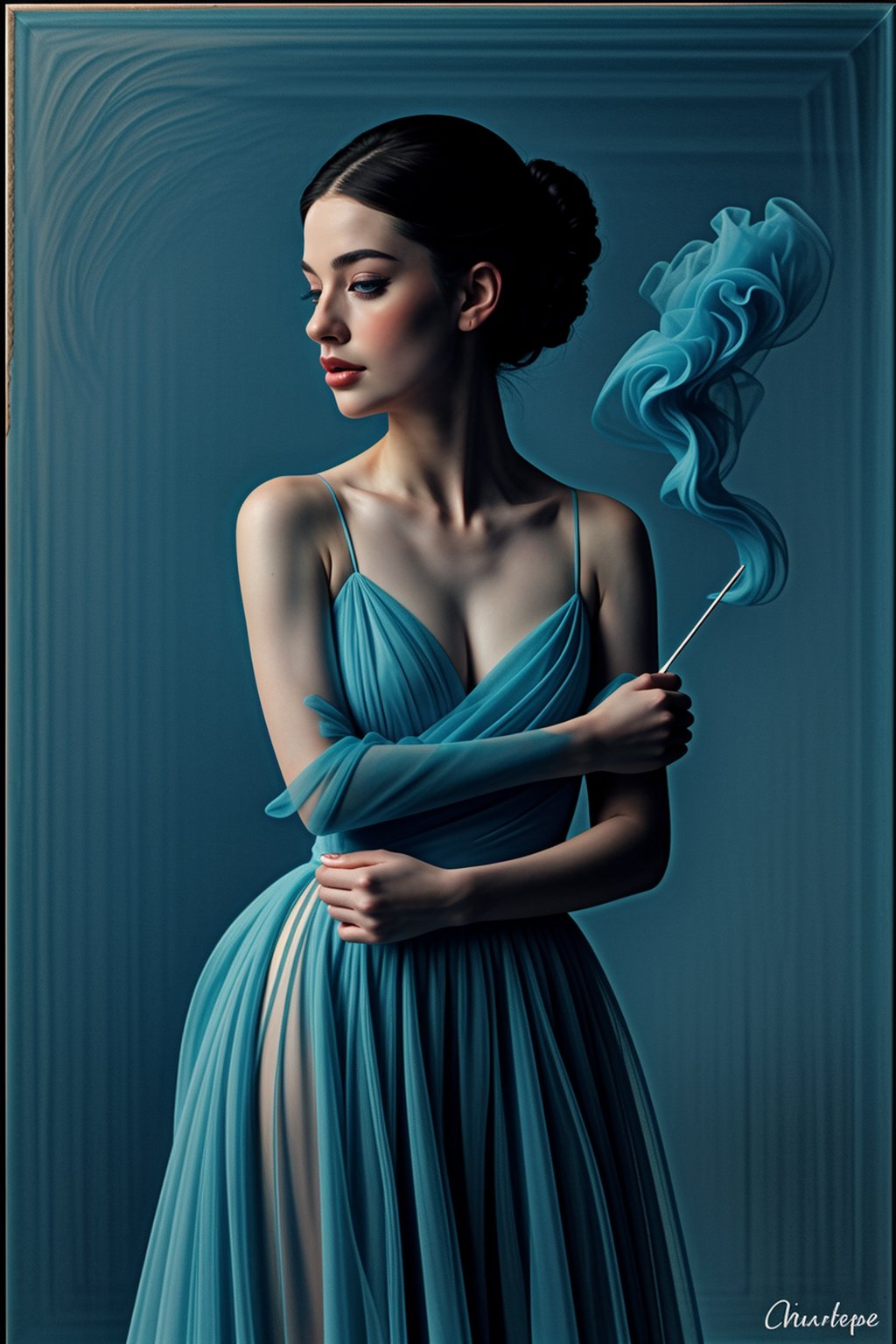 a digital illustration of a impasto oil watercolor and alcohol painting, graceful gorgeous ballerina engulfed in 3d layers of diaphanous azure blue smoke, pale blue swirling fog, in the style of dreamy surrealism, chiaroscuro, pino daeni and paul paul pelletier, romantic impressionism, high saturation, blushing white background, Ptcard,,<lora:659111690174031528:1.0>