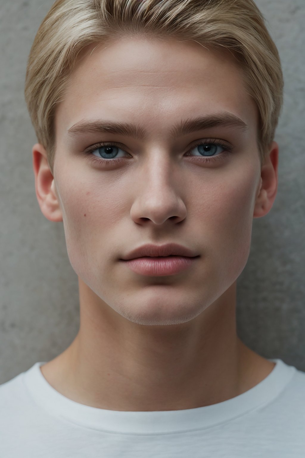 Ultra-high definition (8k) 1guy portrait of a 20-year-old blond Swedish gentleman with chiseled features and piercing blue eyes. The subject, sporting a shaved look, leans against a wall in a relaxed pose, gazing directly at the viewer with a subtle, enigmatic smile. Close-up shot captures every detail: natural, textured skin with visible pores, defined facial features, and fabric rendering that showcases intricate folds. Film grain and ray tracing enhance the image's realism. Anatomically correct rendering of the subject's physique. (MkmCut)