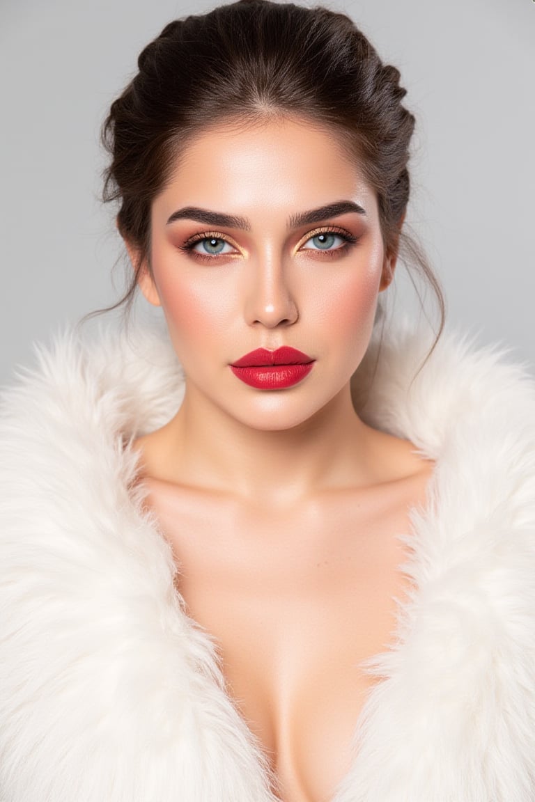 Close-up of a woman's face and upper chest, wearing a white faux fur hood. 


The woman's face is angled toward the viewer, and her expression is neutral.  Her eyes are light blue, and her eyebrows are well-defined, with a subtle brown tone. A warm, shimmery, gold-toned eyeshadow and blush are applied, creating a delicate highlight on her cheekbones.  Her lips are full and painted with a vibrant red lipstick.  Her skin appears smooth and naturally toned. Dark brown hair is styled to partially frame her face.


The white fur around her face and upper torso is thick and fluffy, creating a soft texture contrast with the smooth appearance of her skin.  The light source is soft and diffused, casting no strong shadows on her face.  The background is a light, neutral tone that does not distract from the subject.