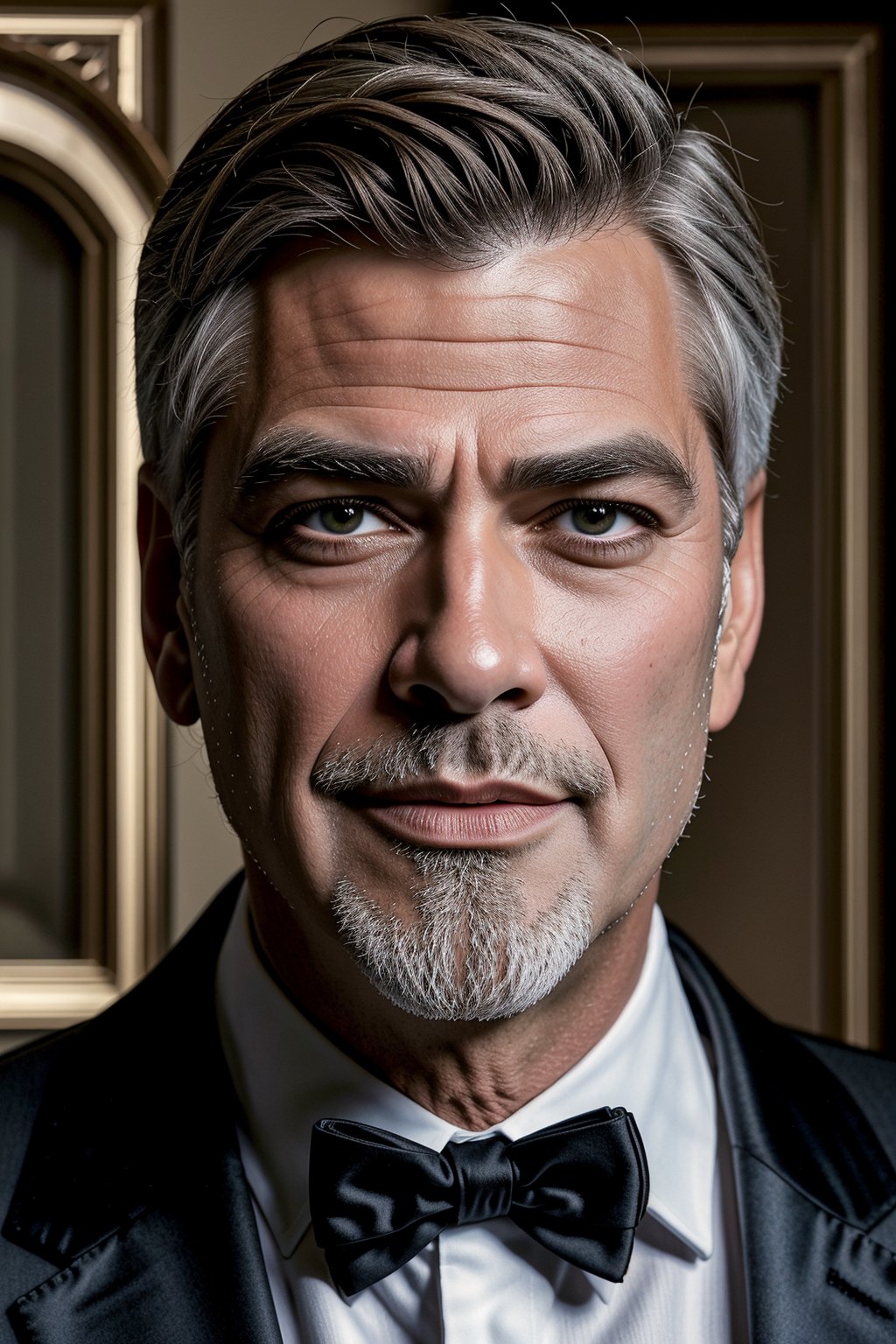 (Best quality, 8k, 32k, Masterpiece, UHD:1.2), 1guy, photo of a handsome mature Clooney wearing a fancy tuxedo, great looking, posing , happy, looking at viewer, faint smile, eyes contact, focus, depth of field, film grain, ray tracing, detailed natural real skin texture, visible skin pores, detailed fabric rendering, anatomically correct, (MkmCut),<lora:659111690174031528:1.0>