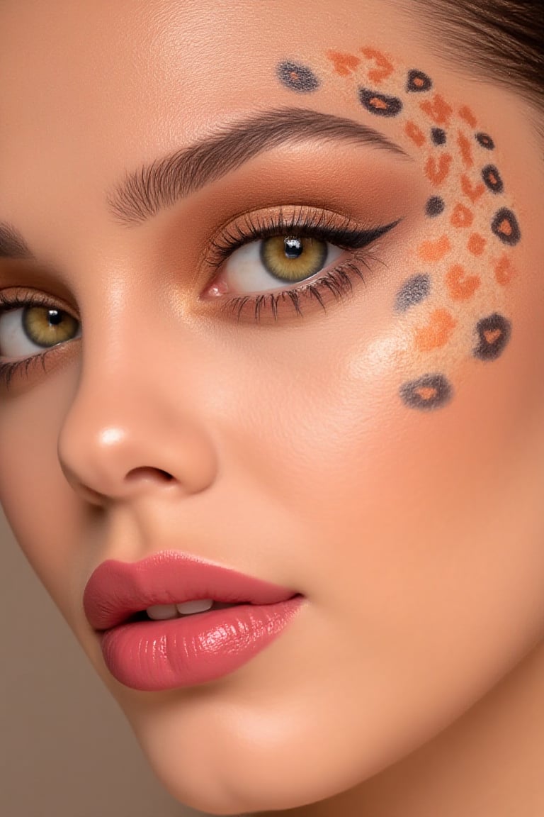 Close-up of a woman's face with elaborate makeup. 


The makeup features a leopard print design applied to the skin around the eye area and extending slightly onto the cheek. The print is rendered in shades of orange and black. 


The eyeshadow is a light beige-tan, blending into a deeper tone along the crease of the eyelid, and extending outward. 


The eyeliner is a dark, thick line that follows the shape of the eye. 

She is wearing cat contact lens, The contact lenses are yellow with a black cat-eye design
The woman's eyes are visibly detailed, with long, dark lashes, making the eyes seem more defined and striking. 


The skin is a light beige tone, and the complexion appears smooth and even. 


The woman's lips are a vibrant rosy-pink, and softly touched with a lipgloss-type product.


The focus is primarily on the face and makeup, with the background slightly out of focus.