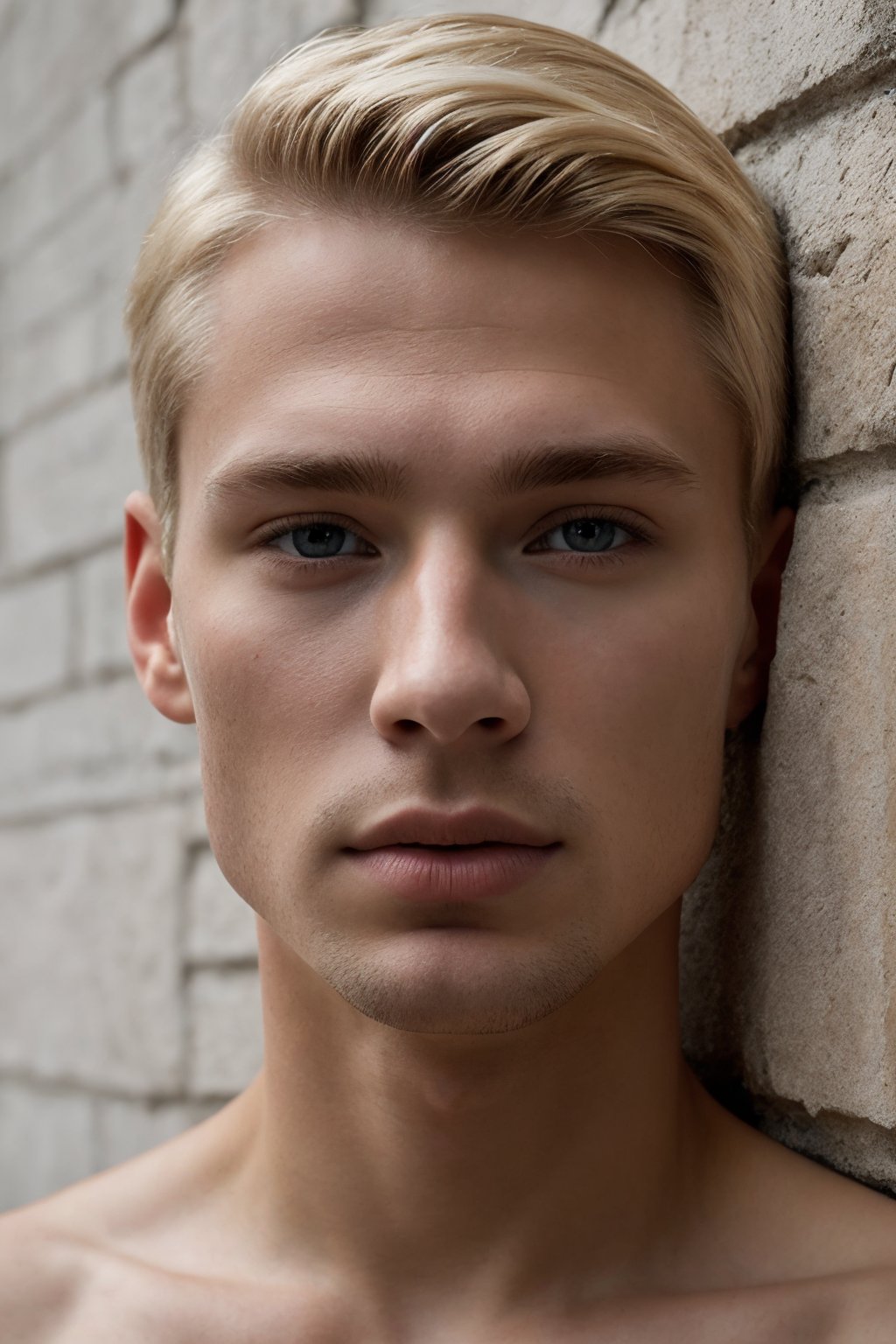 Ultra-high definition (8k) 1guy portrait of a 20-year-old blond Swedish gentleman with chiseled features and piercing blue eyes. The subject, sporting a shaved look, leans against a wall in a relaxed pose, gazing directly at the viewer with a subtle, enigmatic smile. Close-up shot captures every detail: natural, textured skin with visible pores, defined facial features, and fabric rendering that showcases intricate folds. Film grain and ray tracing enhance the image's realism. Anatomically correct rendering of the subject's physique. (MkmCut)