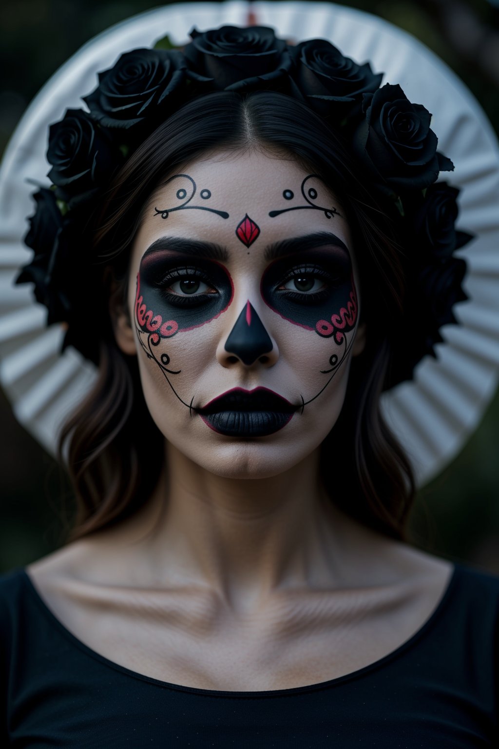  (Best quality, 8k, 32k, Masterpiece, UHD:1.2), a woman in a red hat with black roses on her head, dia de los muertos, red dress and make up, dia de los muertos make up, ((dia de los muertos)), looking aside, and attractive features, eyes, eyelid, focus, depth of field, film grain, ray tracing, ((contrast lipstick)), slim model, detailed natural real skin texture, visible skin pores, anatomically correct, (midnight), moonlight cemetary background, Catrina,<lora:659111690174031528:1.0>