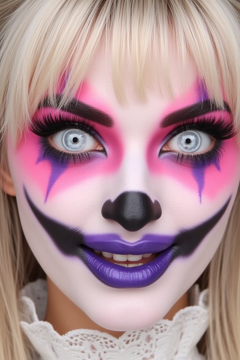 Close-up of a person's face with elaborate creepy clown makeup. 


The makeup features bright pink and white areas, with darker purple and black accents. The face is painted with a clown-like design, including exaggerated features like the eyes, nose, and mouth.  The eyes have white contact lenses, creating a striking contrast with the black and purple makeup around them.  Eyelashes are also applied, with dark, feathery false lashes. The mouth is a wide, sinister smile, with a dark purple-blue outlining its shape.


There are small, pink flower-like designs at the corners of the eyes and cheeks.  The overall effect is one of a theatrical, unsettling clown makeup, likely for a Halloween or special event costume. The person's hair is light blonde/platinum blond, visible as a fringe/side-swept style around the face. 


The skin appears to be fair and smooth, though not fully natural due to the layers of makeup. A lacy, white fabric collar, or ruffle, is visible at the base of the neck.