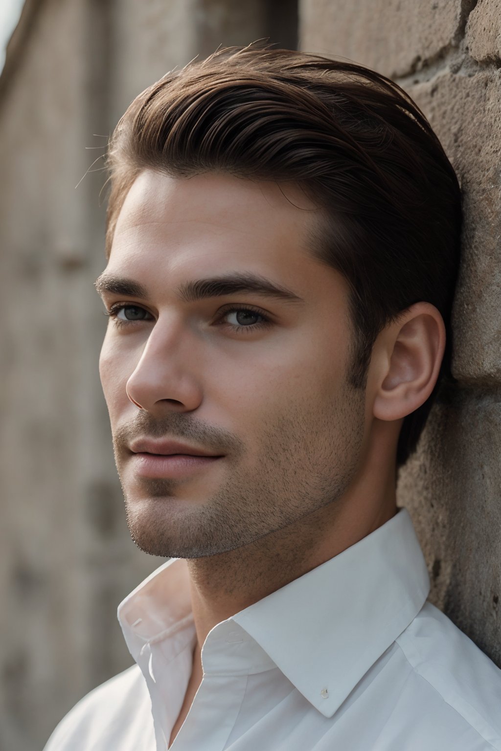 Masterpiece: 8K Portrait of a Handsome Latin Gentleman. A stunning, well-groomed individual wearing a crisp white shirt, his smooth-shaved face radiating confidence. Leaning against a worn stone wall, he exudes relaxation, gazing directly at the viewer with a subtle, enigmatic smile. The faint crinkles around his eyes hint at a life of warmth and joy. The camera's focus is sharp, highlighting the natural texture of his skin, complete with visible pores, while the fabric of his shirt renders with exquisite detail. The overall atmosphere is one of laid-back sophistication, captured in stunning UHD:1.2 resolution with film grain and ray tracing, inviting the viewer to step into the scene.