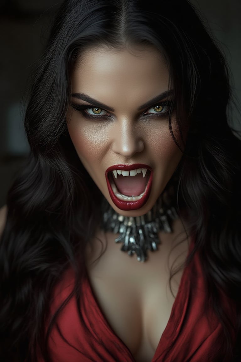 Close-up of a woman styled as a vampire. 


The woman has long, dark hair, and her expression is fierce, with her mouth wide open in a menacing display, showing fake big pointed fangs. Her eyes are accentuated with striking yellow contact lenses.  Her makeup includes dramatic, dark eyeliner, and a bold, crimson lipstick that complements the red of the attire she wears. 


The woman's skin appears pale and smooth, and the lighting in the image is dramatic, drawing attention to her face and features.  A metallic-gray, intricate choker is visible around her neck. A deep red, potentially flowing or fitted, dress is partially visible. The background is dark and out of focus, contributing to the overall dramatic and vampiric aesthetic.  The lighting suggests a dimly lit, possibly indoor, space.