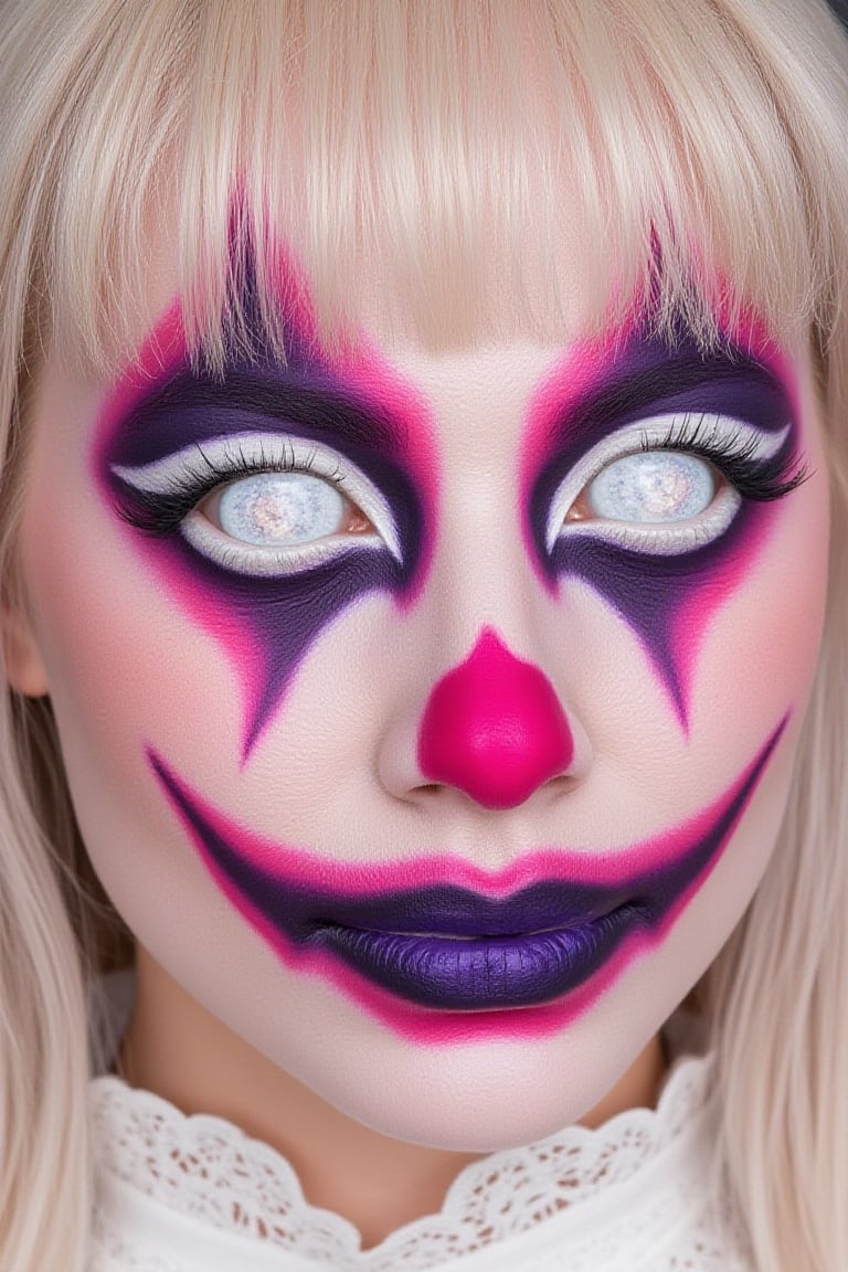 Close-up of a person's face with elaborate creepy clown makeup. 


The makeup features bright pink and white areas, with darker purple and black accents. The face is painted with a clown-like design, including exaggerated features like the eyes, nose, and mouth.  The eyes have white contact lenses, creating a striking contrast with the black and purple makeup around them.  Eyelashes are also applied, with dark, feathery false lashes. The mouth is a wide, sinister smile, with a dark purple-blue outlining its shape.


There are small, pink flower-like designs at the corners of the eyes and cheeks.  The overall effect is one of a theatrical, unsettling clown makeup, likely for a Halloween or special event costume. The person's hair is light blonde/platinum blond, visible as a fringe/side-swept style around the face. 


The skin appears to be fair and smooth, though not fully natural due to the layers of makeup. A lacy, white fabric collar, or ruffle, is visible at the base of the neck.