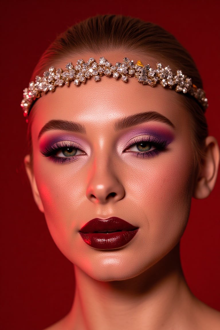 A stunning close-up portrait of a woman adorned with elaborate makeup and a studded jeweled headband. The camera zooms in on her face, showcasing the intricate details of her porcelain skin, sprinkled with freckles across her cheeks and nose. Her heavily accented eyelids shimmer with a mesmerizing blend of purple, white, and gold tones, while her luscious lips gleam with a deep burgundy sheen. The studded headband, resembling a floral design, frames her forehead like a delicate crown. Against the rich red backdrop, the lighting casts soft shadows, accentuating her features and creating an aura of dramatic beauty, perfect for a high-end fashion or beauty editorial.