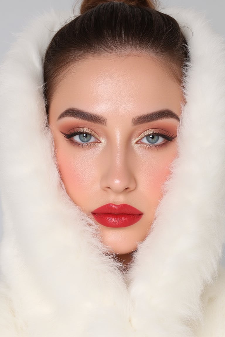 Close-up of a woman's face and upper chest, wearing a white faux fur hood. 


The woman's face is angled toward the viewer, and her expression is neutral.  Her eyes are light blue, and her eyebrows are well-defined, with a subtle brown tone. A warm, shimmery, gold-toned eyeshadow and blush are applied, creating a delicate highlight on her cheekbones.  Her lips are full and painted with a vibrant red lipstick.  Her skin appears smooth and naturally toned. Dark brown hair is styled to partially frame her face.


The white fur around her face and upper torso is thick and fluffy, creating a soft texture contrast with the smooth appearance of her skin.  The light source is soft and diffused, casting no strong shadows on her face.  The background is a light, neutral tone that does not distract from the subject.