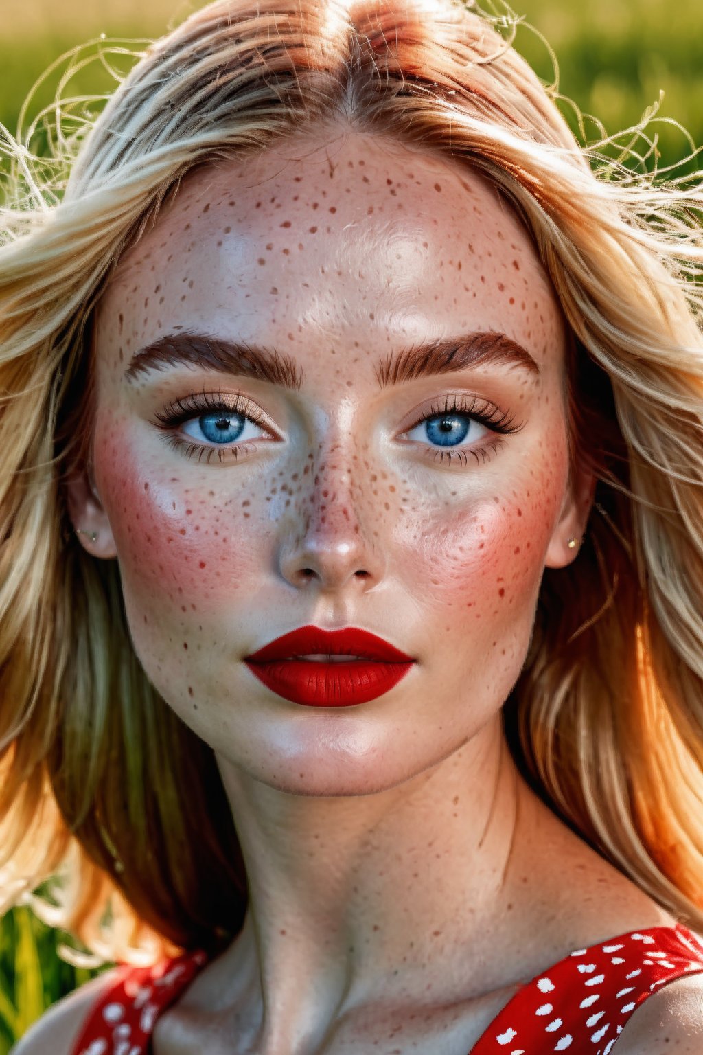 (Best quality, 8k, 32k, Masterpiece, UHD:1.2), medium shot of a Gorgeous woman with freckles on her face, modeling at a grass field, detailed face with red lips, beauty retouch, long eyeliner, perfect face details, summer dress, gradient blush, richly defined face, gradient golden eye shadows, and false lashes, detailed eyebrows, professional retouch, eyes and lips, features, thick red lips, hint of freckles, red lips, deep red lips, detailed natural real skin texture, perfect straigth blonde hair, realistic blue eyes, visible skin pores, anatomicaly correct, (PnMakeEnh)