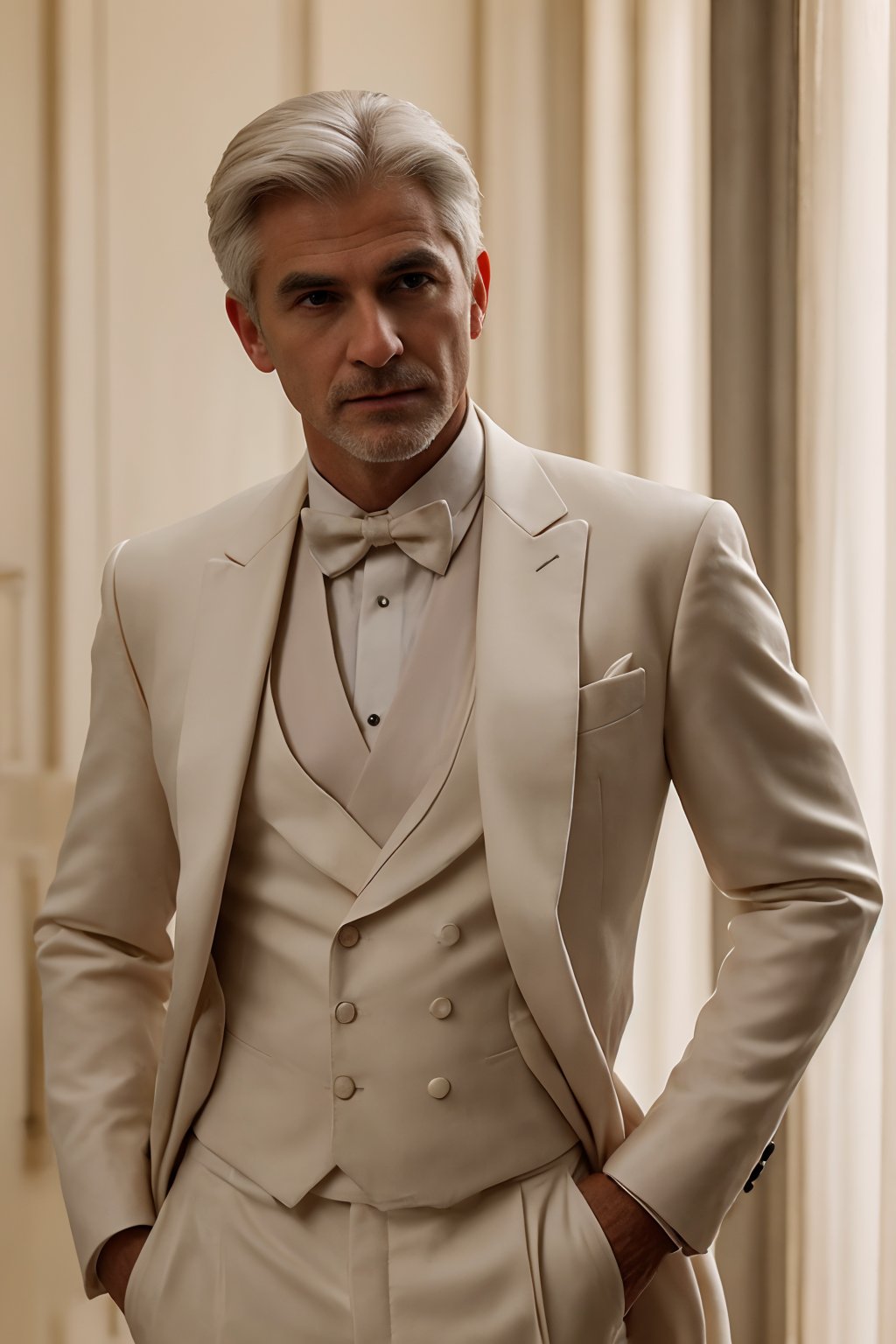 A suave figure, 50 years young with wispy white hair framing his distinguished features, stands tall ,The soft orange hue of evening's twilight casts a flattering glow on his chiseled face, while long shadows dance across his broad shoulders, accentuating the perfect cut of his elegant tuxedo.