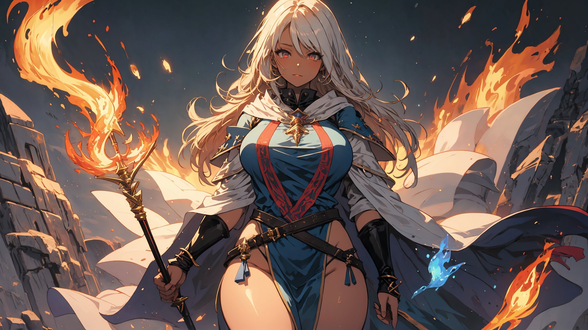 masterpiece, best quality, big_breasts, thick thighs, long_hair , colored_skin, magic_girl, flames , fantasy, wizards, cloak, white_skin , wizard staff, aura, ki, blue fire ,Niji Kei