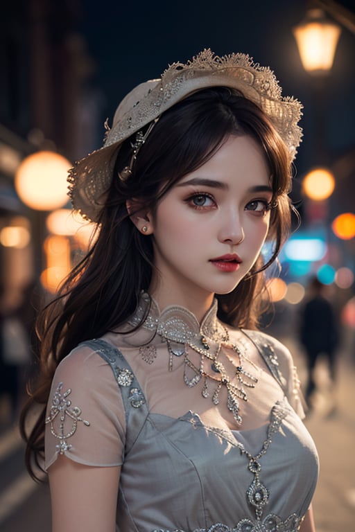 masterpiece, best quality, raw photo, 1girl, trendy hairstyle, bright grey eyes, detailed eyes and face, half body,  cinematic lighting, brim lighting, (dark, night, streets, lamps, blurred background), bokeh, deep shadow, low key, ( exquisite clothing, filigree)