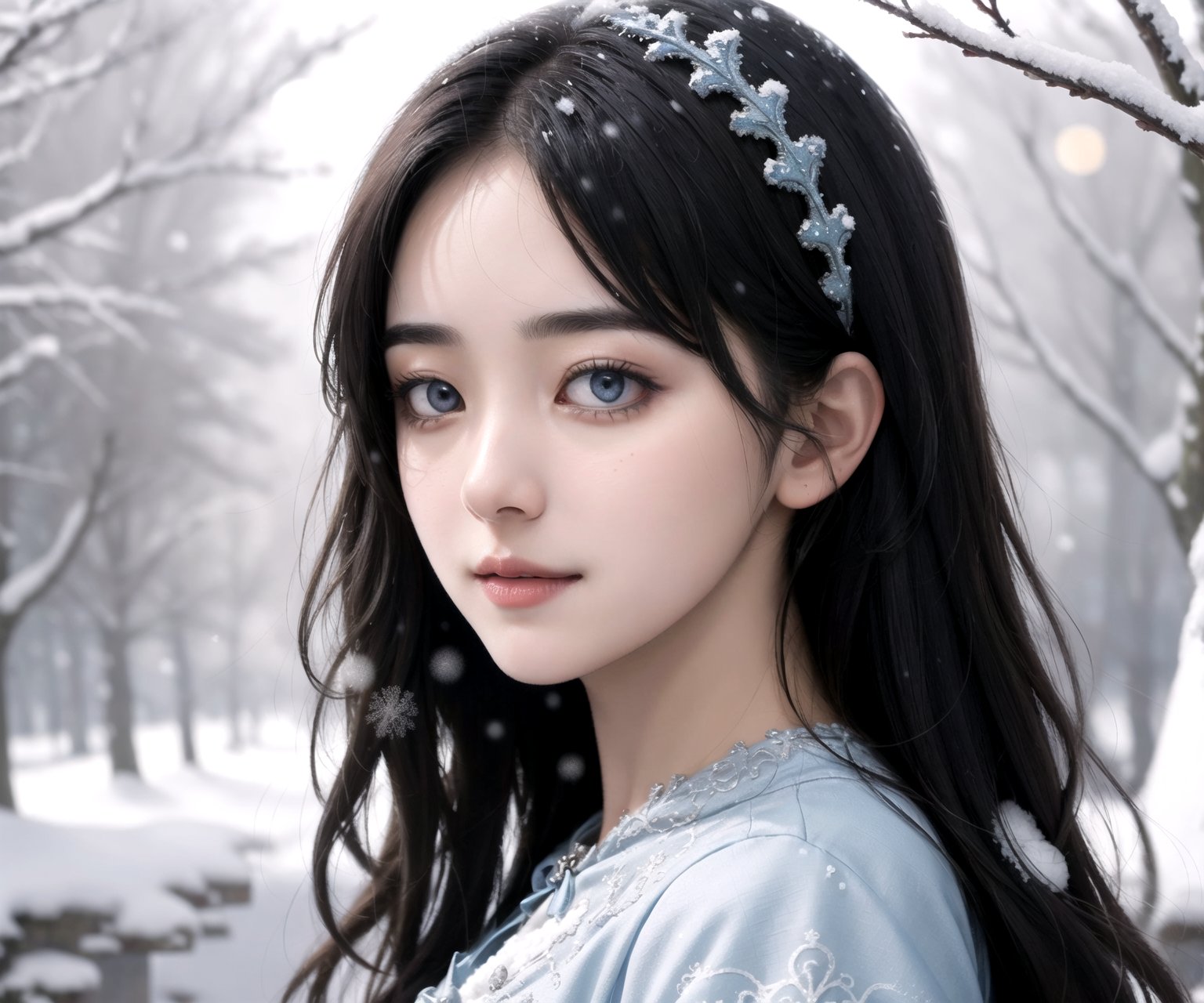 masterpiece, bust shot portrait,  trendy hair, black hair, 1_girl,  frontal view, looking at camera, slight smile, light gray eyes,  ( filigree, ornaments, light blue dress),  oil painting style, (bokeh, snowy trees, snow, background), cinematic lighting,