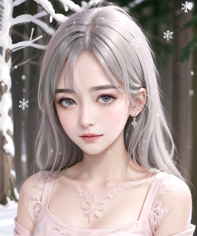 masterpiece, half body portrait,  trendy hair, white hair, 1_girl,  frontal view, looking at camera, slight smile, light gray eyes,  ( filigree, ornaments, pink dress),  oil painting style, (snow, snowy trees, blurred background), cinematic lighting,