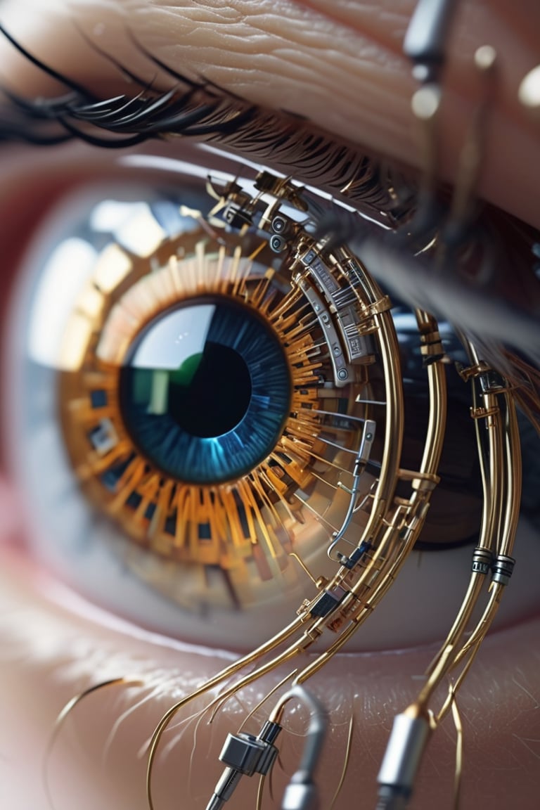 Macro photography of an eye, in which the Irish is made of a thin arrangement of strands of metal, nanotechnology, which forms a high-tech electronic circuit, and the pupil of an eye is made of a robotic sensor, miki asai photo, high_res, cyborg style