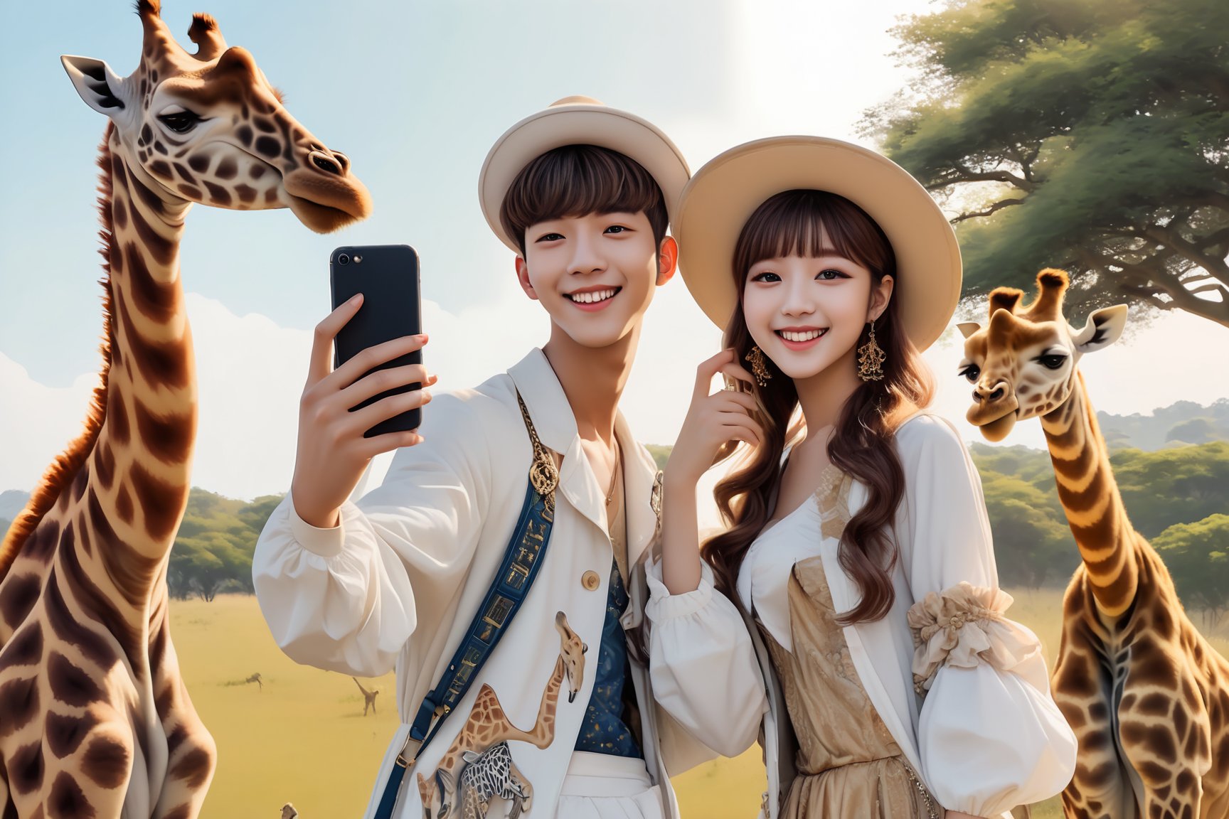 Hyperealistic, detailed illustration in the style of rococo, A kpop group in tribe suite taking selfie with iphone on savannah, ((smilling girrafe:1.4) in the background), highly details, photorealistic style, high_res