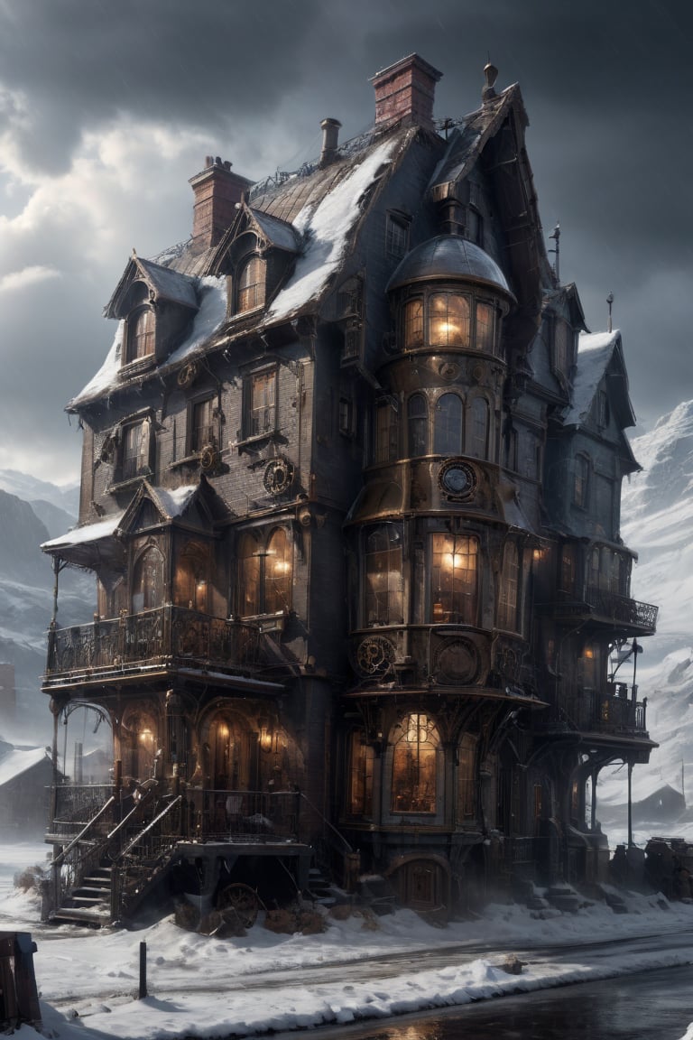 (In the style photo of Darek Zabrocki, Gilles Beloeil, Cedric Peyravernay, Jordan Grimmer), hyperrealism, a steampunk houses in the winter, stormy environment, ultra detailed, intricated, cinematic, real life like fantasy, gloom, dark, beautiful dramatic, Highres, UHD, ,steampunk style,Movie Still