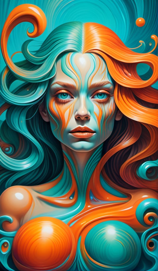 Raw, art illustration, hyperrealistic, style of Alex Grey, (teal and orange), beautiful woman, full body, long hair, breasts,  regatta, full-body side woman, saturated colors, psychedelic image, LSD, fractal, tattoo, painted body, bride, body tilted forward, lots of color saturation, intricated line, woman, vortex, ultra realistic, melting, swirl, xolorful, pastel color,  Leonardo Style,greg rutkowski,Magical Fantasy style,vector art illustration,chibi