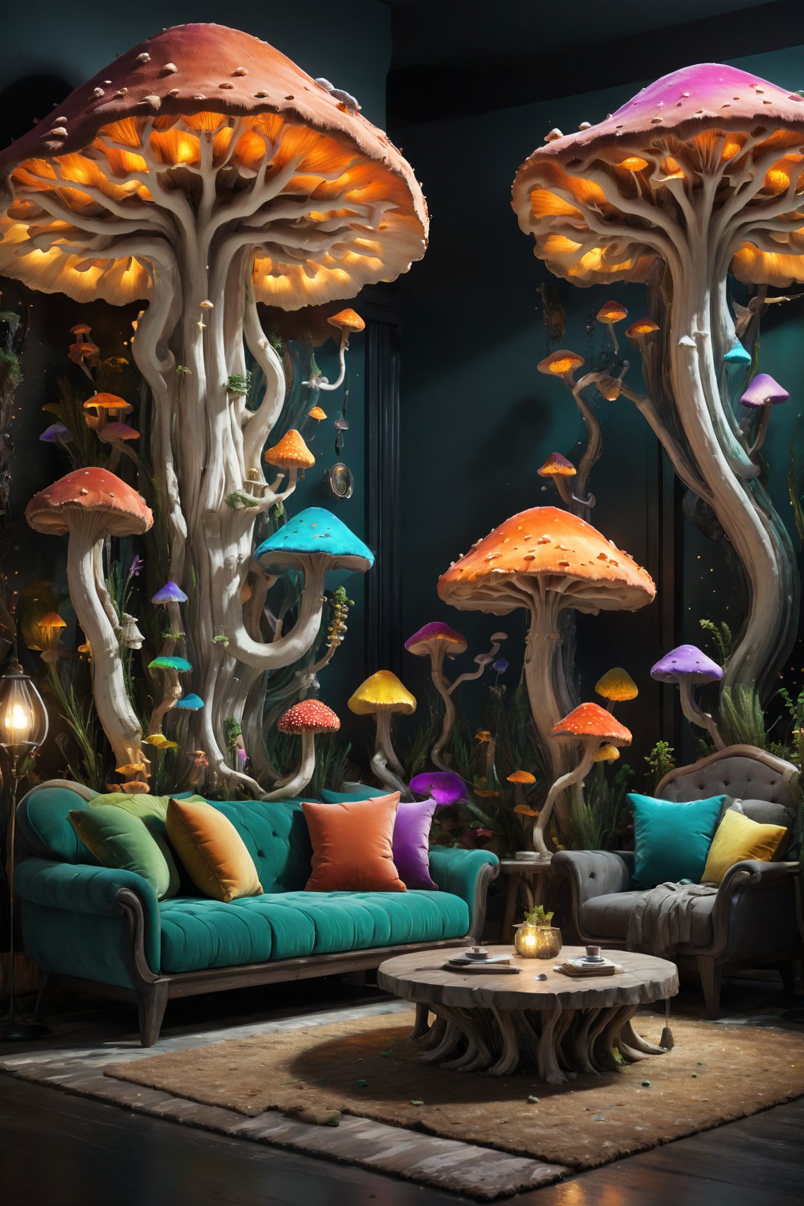 UnderwaterStyle, colorful, mushroomfantasy living room, (bedroom, table, sofa, lamps,) night,lights, low light,, vivid, high_res,beyond_the_black_rainbow,mushroomfantasy