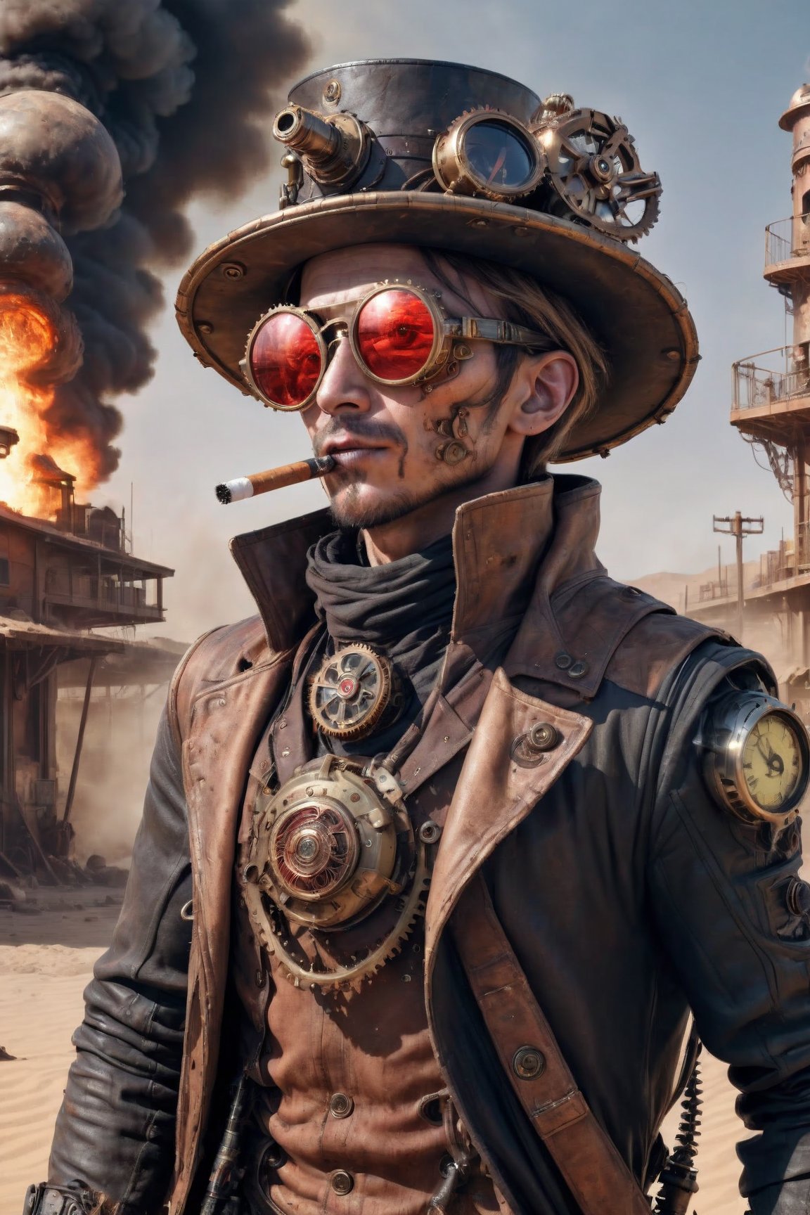 Surviving steampunk guy with torn clothing, hat, sunglasses, cigarette in mouth, use rifle, alien structure, realistic, stylish, rutkowski, hdr, intricate details, hyperdetailed, cinematic, rim light, danger atmosphere, night, red light, destroyed street, 4k, fire, nuclear bomb, apocalyptic powder, Dune,steampunk style