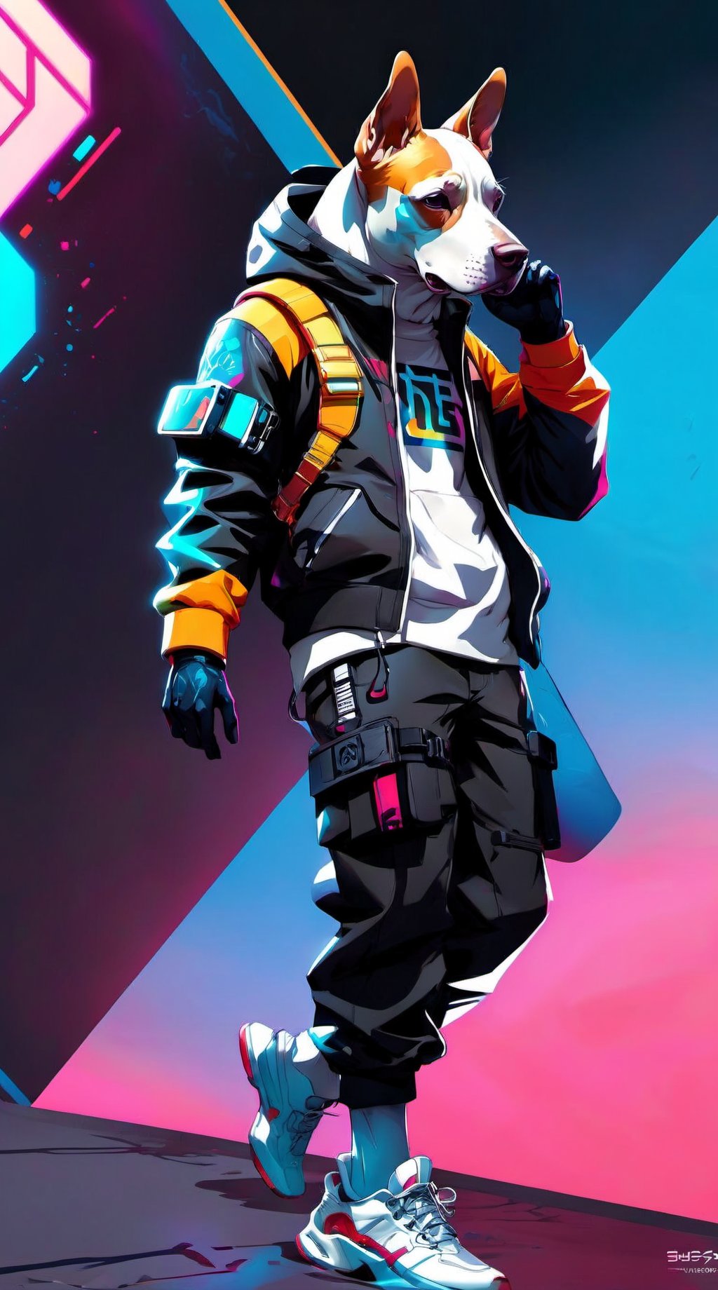 Colorful, cyberpunk, 1man , techwear suite, googles, dynamic pose, grafiti:1.5, sci-fi, futurism, vivid, with dog, high_res